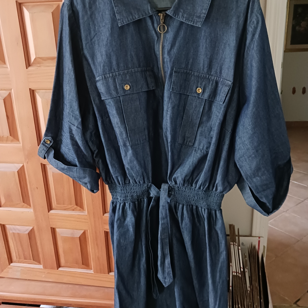 Faux Blue Denim Dress with Front Pockets & Zip Closure